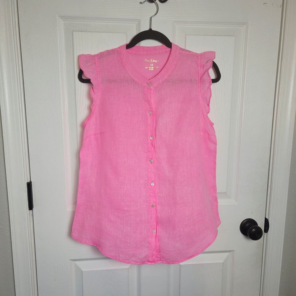 Lilly Pulitzer Shirt Womens M Pink Linen Flutter Sleeve Button Top Blouse